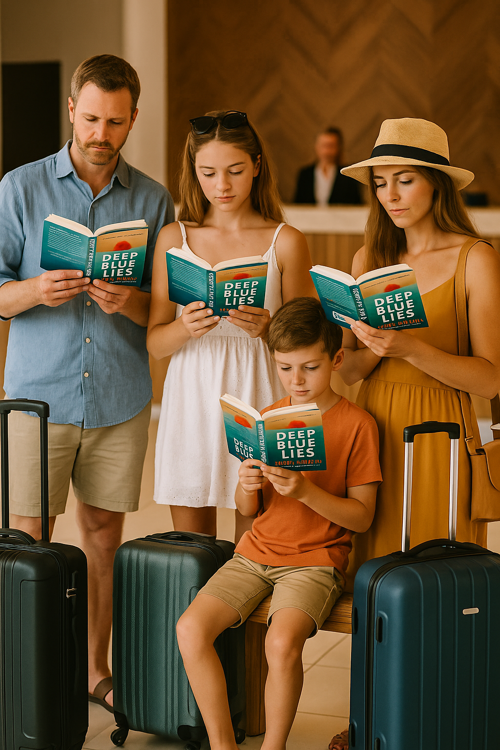 A family in a luxury Greek hotel lobby reading Deep Blue Lies, suitcases beside them.
