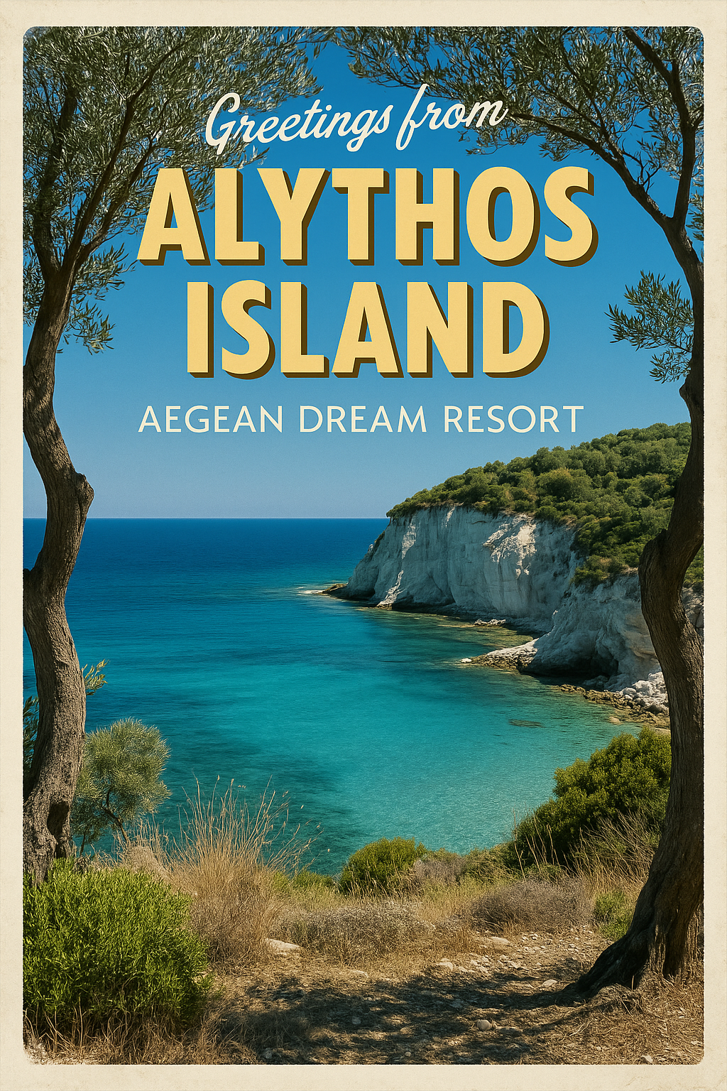 A travel-poster style postcard reading 'Greetings from Alythos Island — Aegean Dream Resort', showing a turquoise cove framed by olive trees.