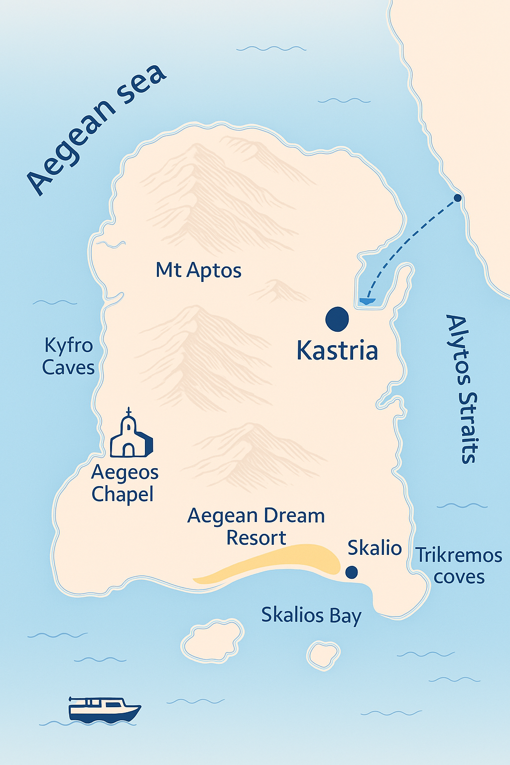 A stylised illustrated map of the fictional island of Alythos, showing the Aegean Dream Resort, Skalios Bay, Kyfro Caves, Aegeos Chapel, Mt Aptos and Kastria.