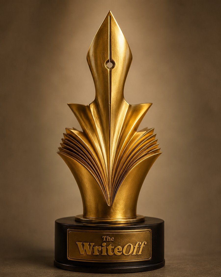 A mocked-up gold trophy shaped like a pen nib rising from an open book — The WriteOff McGuffin.